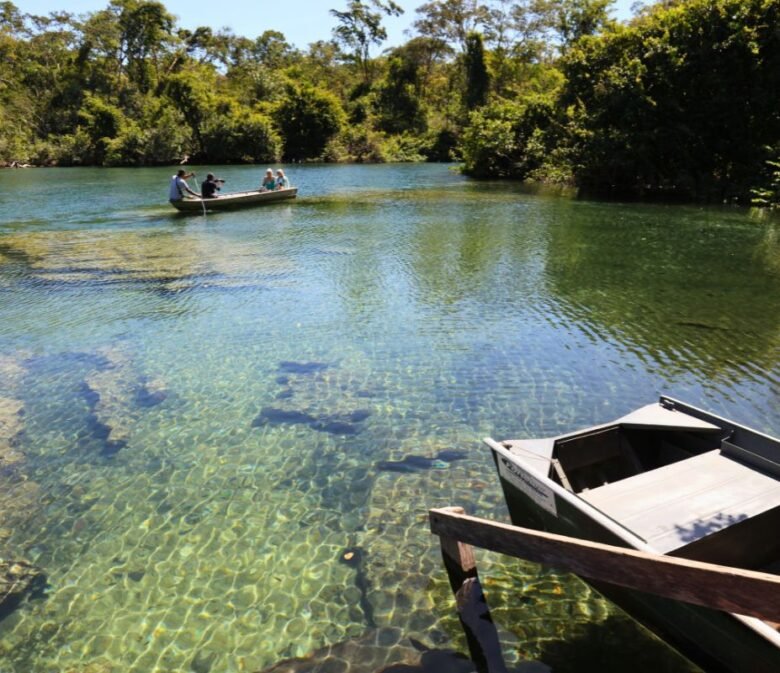 Vista panorâmica da Lagoa do Japonês com águas cristalinas e vegetação ao redor, localizada no Tocantins, Brasil.